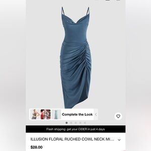Blue Cowl Neck Ruched Satin Dress